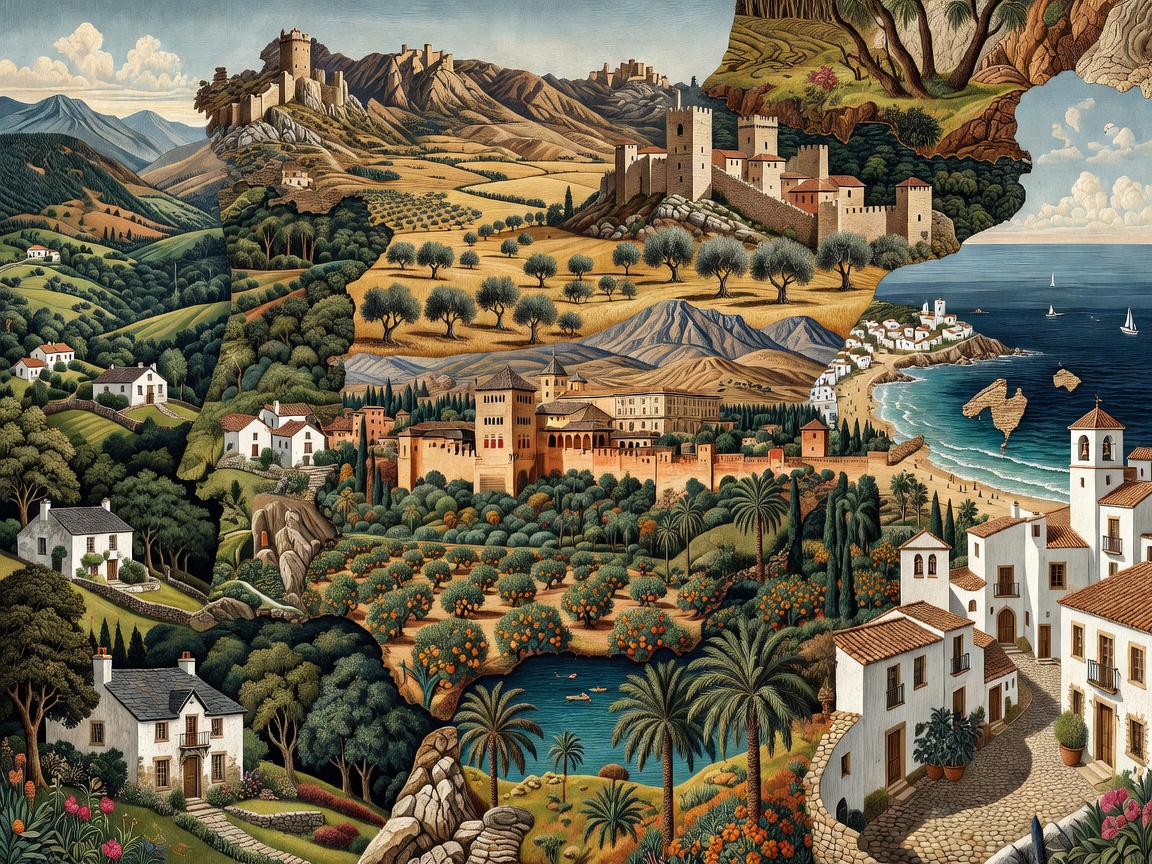 Decorative landscape representing the varied historical regions of the Iberian Peninsula