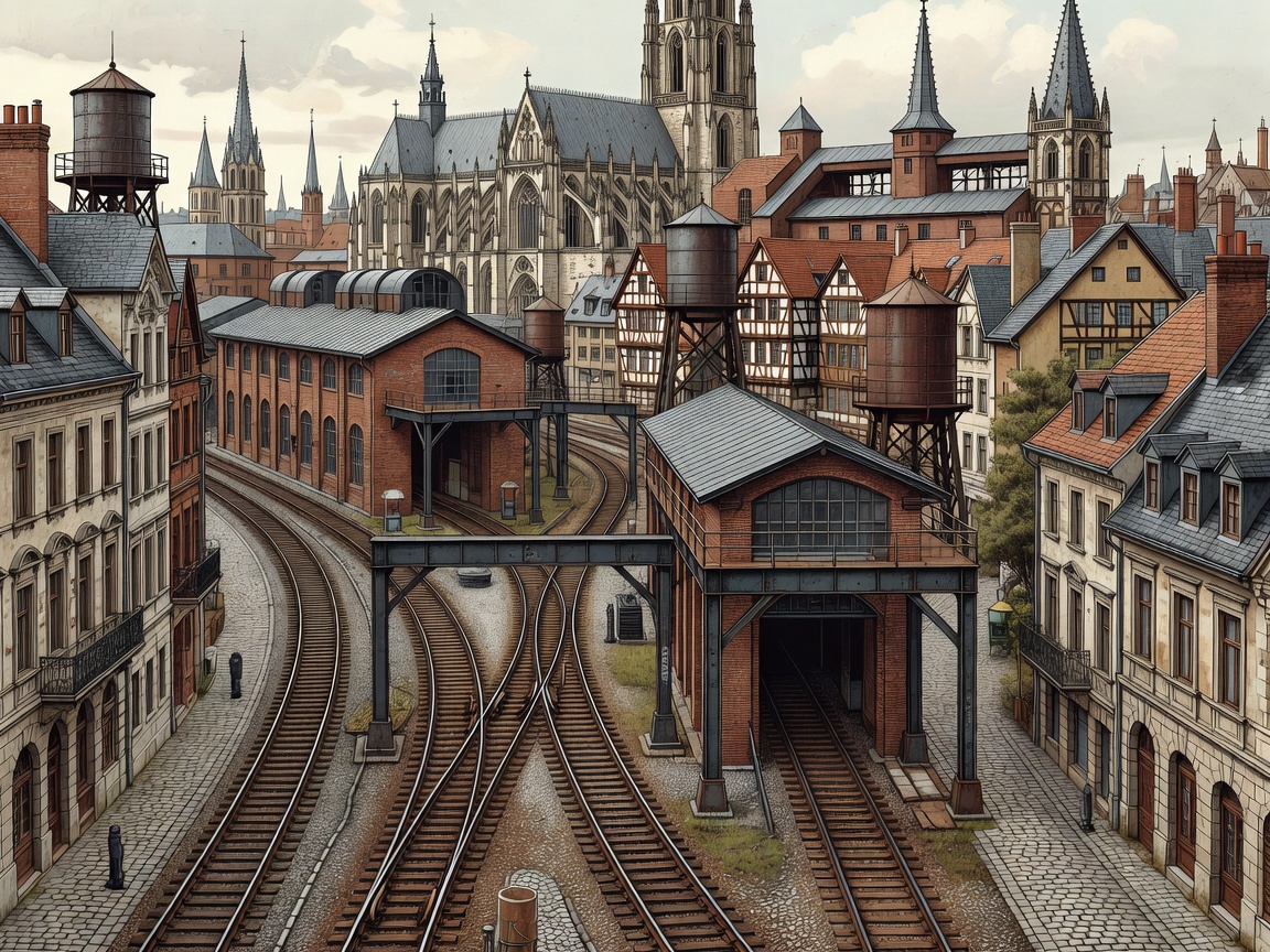 Decorative image of an industrial railway and European city forms