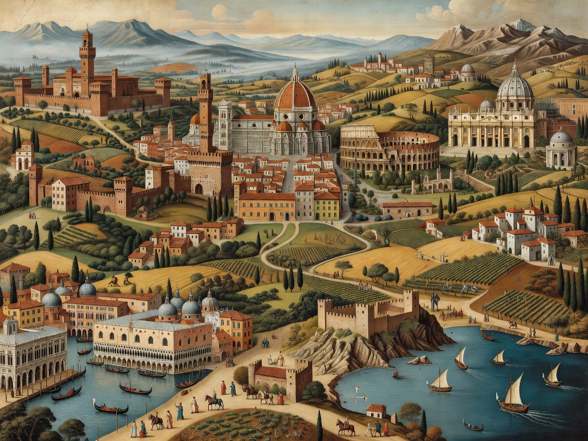 Decorative historical landscape representing Italian cities and regional states
