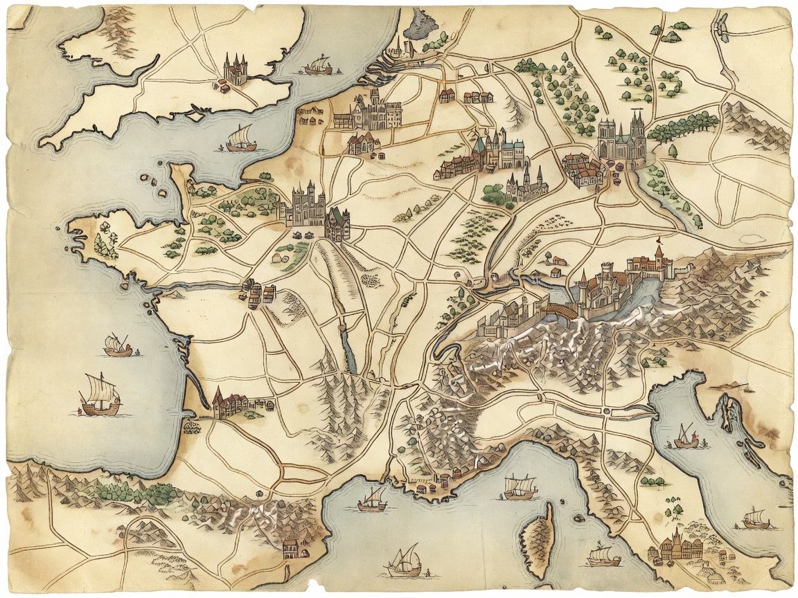 Decorative map-like image of medieval roads and cities in western Europe