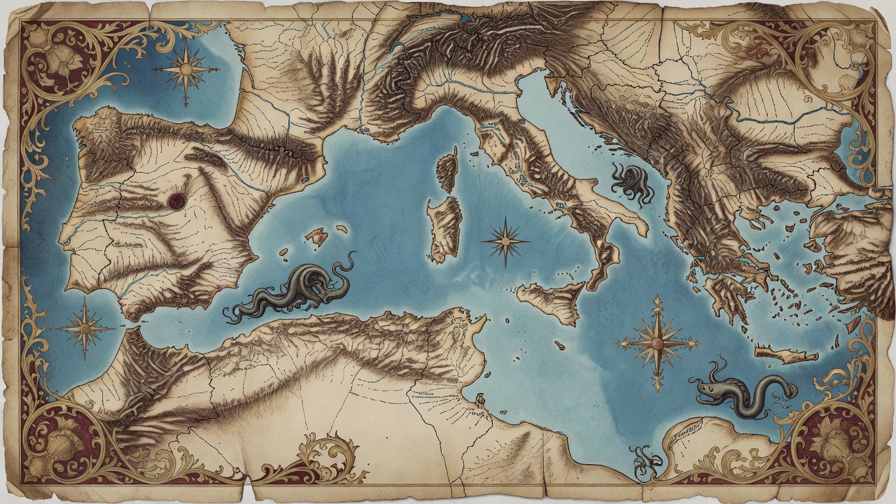 Decorative historical map showing the western Mediterranean region